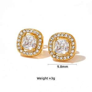 Detail view showing 9.8mm square emerald-cut zircon earrings with halo diamond accents