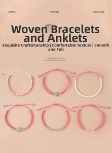 Detail of pink and white woven beach bracelets featuring turtle and shell charms
