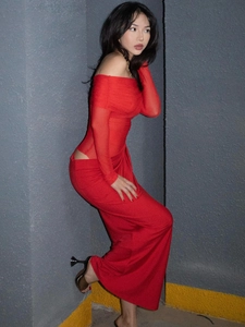 Elegant red off-shoulder long sleeve dress with waist cut-out detail and slim fit