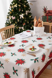 Detailed pattern of poinsettia flowers and gold snowflakes on waterproof Christmas tablecloth