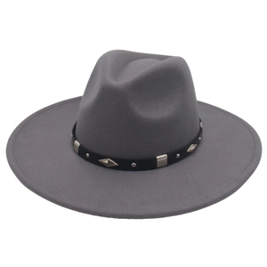 Detailed view of gray wide-brim fedora hat with metal diamond studded belt accessory