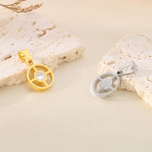 Detailed view of hollow geometric round pendant necklaces in gold and silver finish