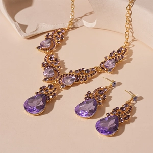 Elegant gold-plated jewelry set with pear-cut purple crystals necklace and earrings