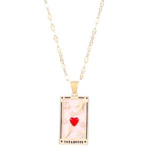 Golden tarot card 'The Lovers' pendant necklace with pink enamel and red heart details