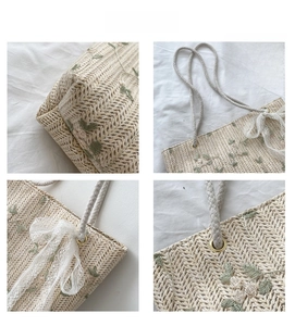 Detailed close-up of straw tote bag with floral embroidery and lace bow decoration
