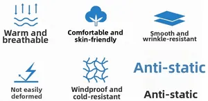 Detailed chart showing warm, breathable, anti-static, and windproof fabric features