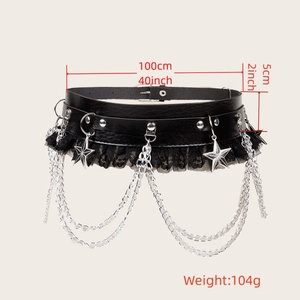 Black punk waist belt with chain and lace trim, 100cm length and 5cm width dimensions