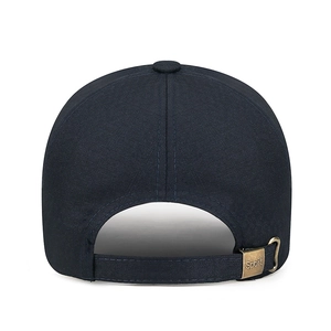 Navy blue baseball cap rear view featuring textured fabric and adjustable metal sport buckle