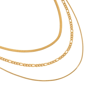 Three-layer gold stainless steel necklace set with Figaro and snake chains for women