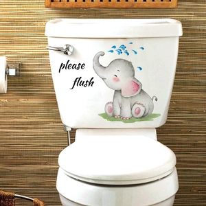 Cute watercolor baby elephant toilet sticker with Please Flush message on white tank