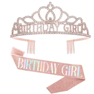 Rose gold rhinestone Birthday Girl crown and pink glitter sash set for women party