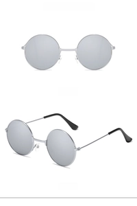 Detailansicht der silbernen runden Retro-Kinder-Sonnenbrille von vorne und der Seite