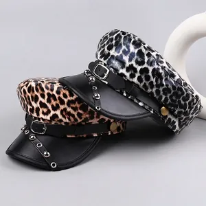 Women Retro Leopard Print PU Leather Flat Top Cadet Cap With Rivet Belt Buckle Decoration Fashion Newsboy Hat Autumn Winter
