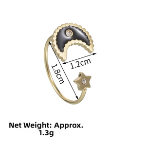 Detail view of 14K gold plated adjustable ring with crescent moon and star dimensions