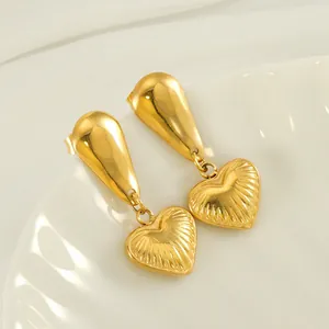 Heart Pendant Earrings 18K Gold Plated Stainless Steel Geometric Sunburst Texture Retro Elegant Jewelry For Women Girls