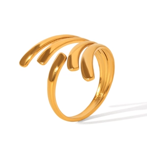 Macro shot of gold-plated spiral multi-layer ring with polished metallic finish