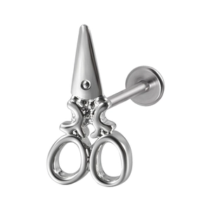 Polished silver stainless steel push-pin labret stud featuring a unique scissor design