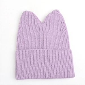 Cute lavender knit beanie with cat ears for girls in a ribbed warm winter style