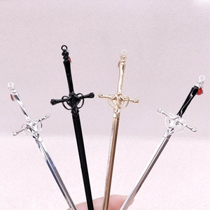 Traditional sword hairpins in gold, silver, and black with red beads and heart patterns