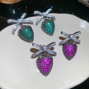 Orecchini Pendenti A Fragola Vintage Con Fiocco Rame Zirconia 925 Argento Sterling Perno Donne
