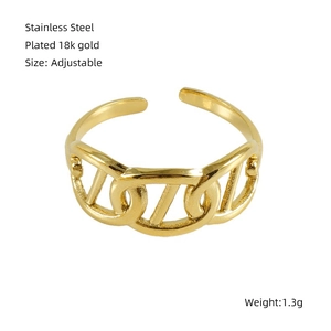 Detail showing 18K gold plated stainless steel open ring with hollow chain link design
