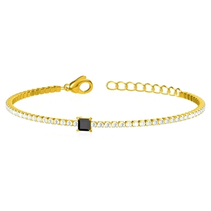 Gold plated titanium steel bracelet with pavé white zircons and square black gemstone