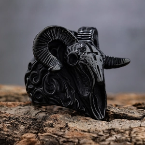 Gothic punk ram head skull ring in black finish with horns and cross carving
