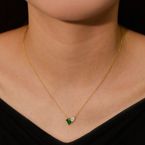 Elegant S925 silver gold necklace with emerald rectangle and pear-shaped zircon pendant