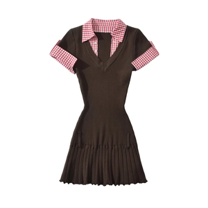 Retro V-neck knit dress in dark coffee with red plaid trim and pleated skirt detail