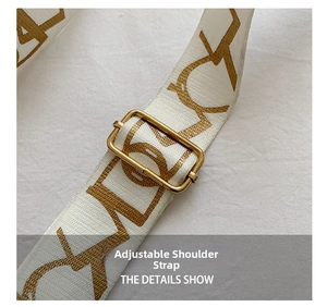 Detail of adjustable woven shoulder strap with gold buckle on a stylish chain crossbody bag