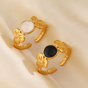 Stainless Steel Flower Adjustable Open Ring Retro French Style Enamel Floral Gold Jewelry For Women