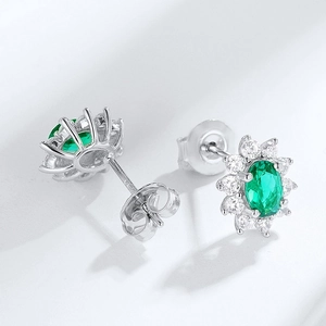 S925 sterling silver emerald stud earrings with sunflower halo design for women