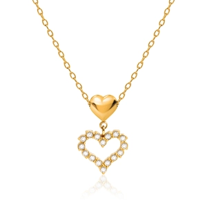 Minimalist gold stainless steel bow pendant necklace featuring a crystal heart detail