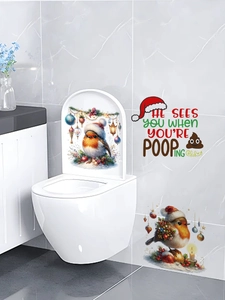 Funny Christmas robin stickers and holiday text on toilet lid for bathroom decor