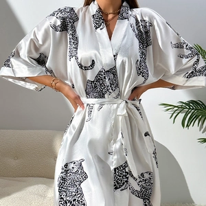 Elegant white satin women's bathrobe with black leopard print and adjustable waist tie