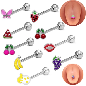 Stainless Steel Tongue Rings Body Piercing Jewelry Colorful Fruit Enamel Strawberry Cherry Butterfly Novelty Cute Small