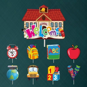 Detailed set of colorful Back to School cupcake toppers with school bus and book icons