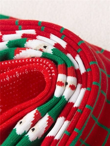 Close-up of festive Christmas cotton socks with Santa Claus patterns and knit texture