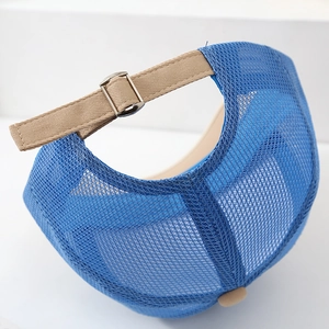 Close-up of breathable blue mesh and adjustable metal buckle on boys baseball cap