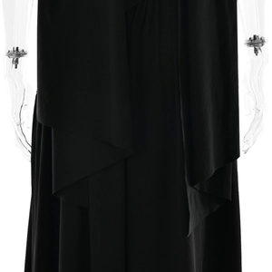 Detail of elegant black strapless dress with smooth draped fabric and flowing streamers