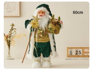 Detailed 60cm Santa Claus figurine in green velvet with gold foil patterns and staff