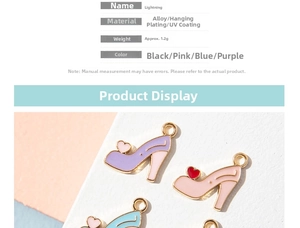 Detail view of alloy high heel shoe charms with heart patterns in pink and purple colors