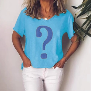 Women's blue short sleeve V-neck T-shirt featuring a casual purple question mark print