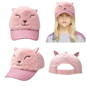 Pink plush baseball cap for girls featuring cat ears and sparkling pink sequins