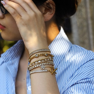 Golden multi-layer stainless steel bracelet set with sparkling zircon for women