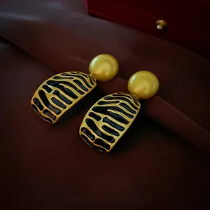 Vintage irregular round enamel tiger stripe earrings with gold finish and 925 silver needles
