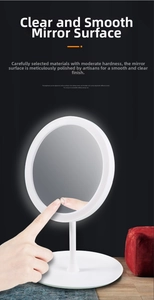Close-up of touch-sensitive switch and circular LED lighting on a white makeup mirror