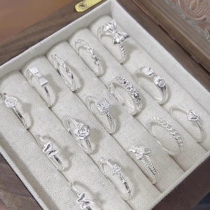 Silver hollow wavy geometric open ring set with butterfly heart and crown designs