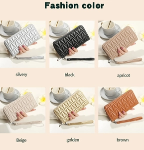 Six-color grid showing quilted long wallets in silver, black, beige, gold, and brown