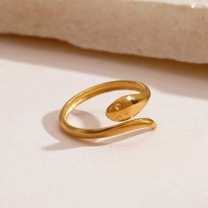 Minimalist 18K gold plated snake-shaped open ring with a polished metallic finish